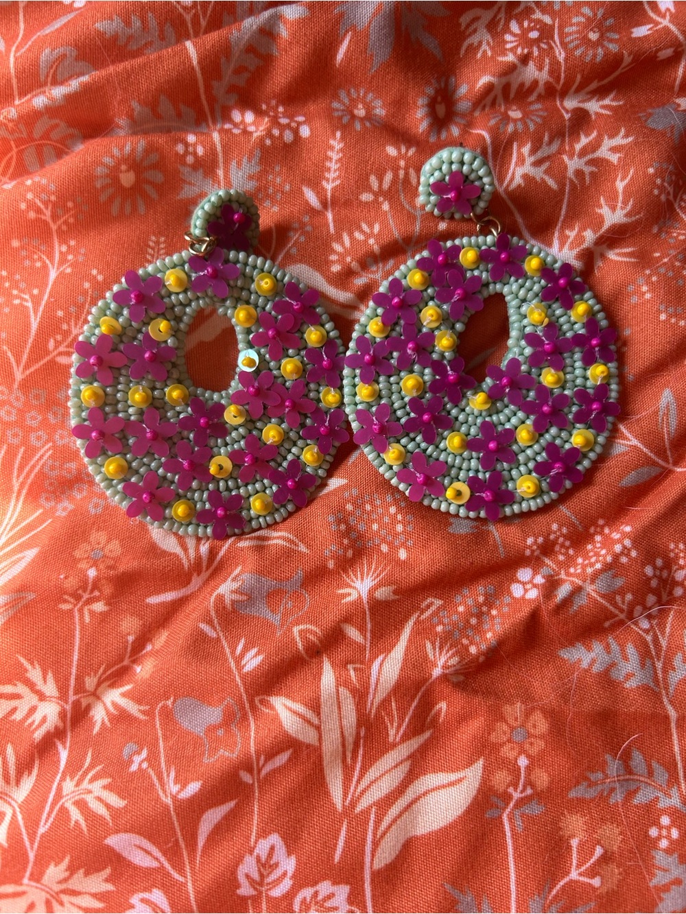 Handcrafted Pink Floral Beaded Hoop Earrings